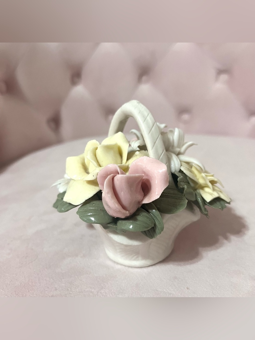 Porcelain white basket with pastel flowers Rose figurine